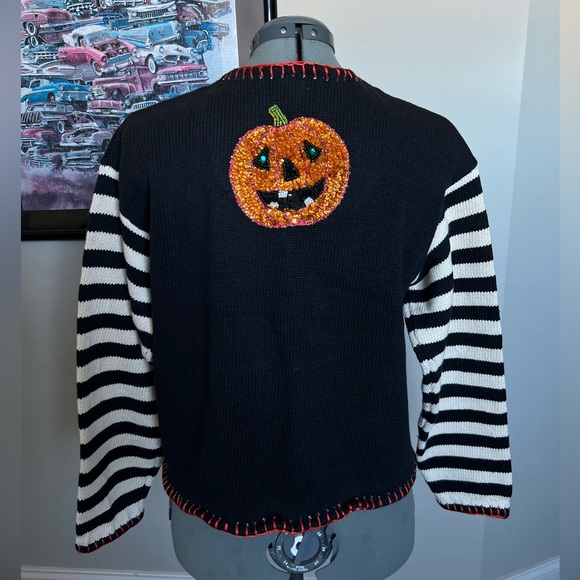 Belle Pointe M Halloween Cardigan Sweater Sequin Pumpkin Beetlejuice vintage - Picture 5 of 8
